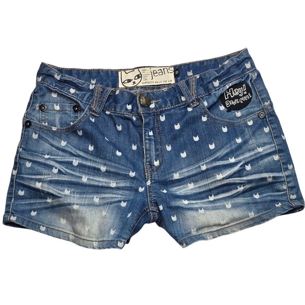 Hey Don't Run Blue Denim Cat Print Shorts Medium Whiskered Faded Low Rise M paw